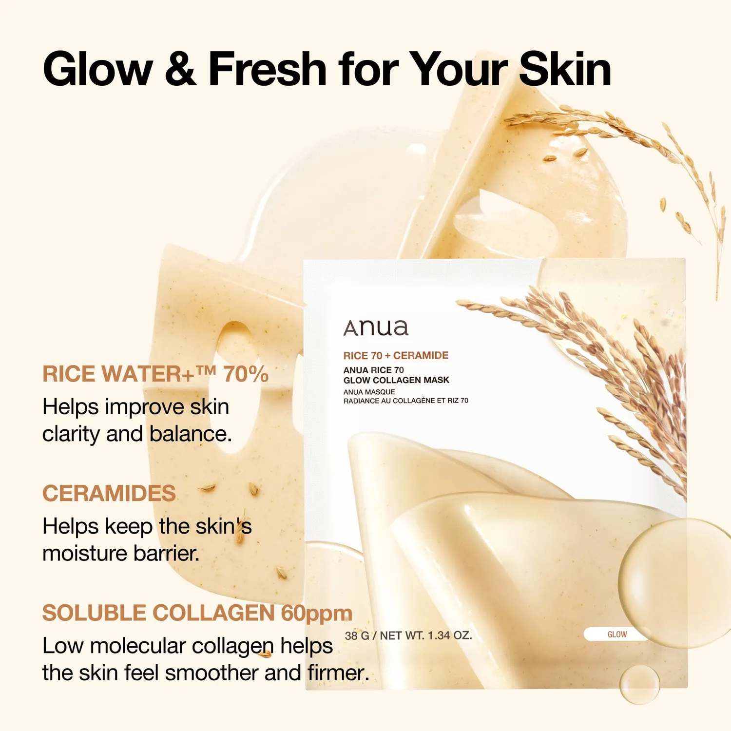 ANUA Rice 70 Glow masque tissu collagène éclat