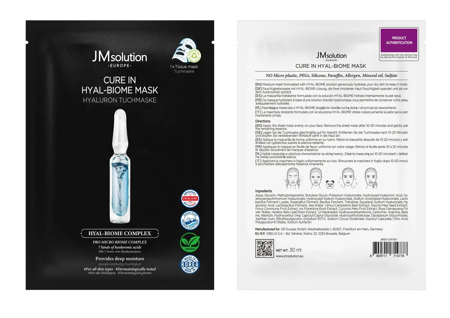 JMsolution Hyal-Biome masque tissu hydratant 1 pièce